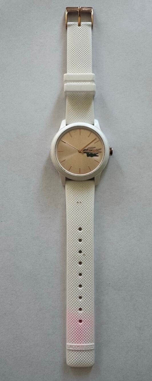 Lacoste 12.12 White Silicone Band 36mm Rose Gold Tone Watch Water Resistant